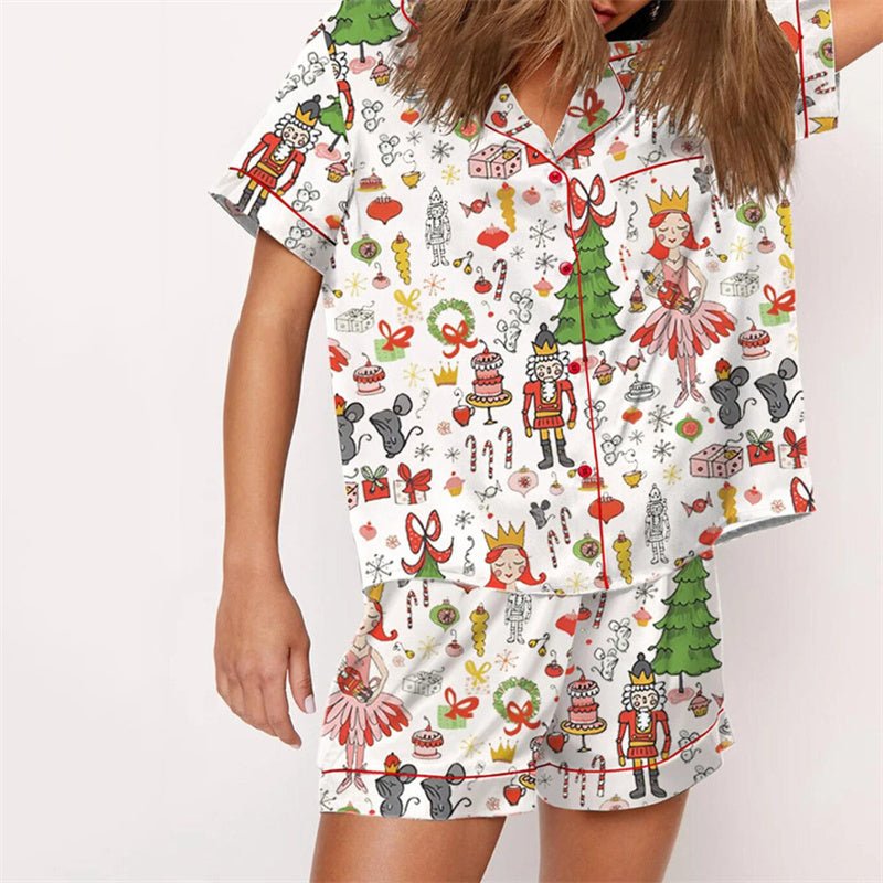 Nutcracker Pajamas Women Christmas Pajama Set Short Sleeve Tops+Elastic Waist Shorts Santa Claus Avatar Print Sleepwear Outfits - MAGUSTA BEAUTY