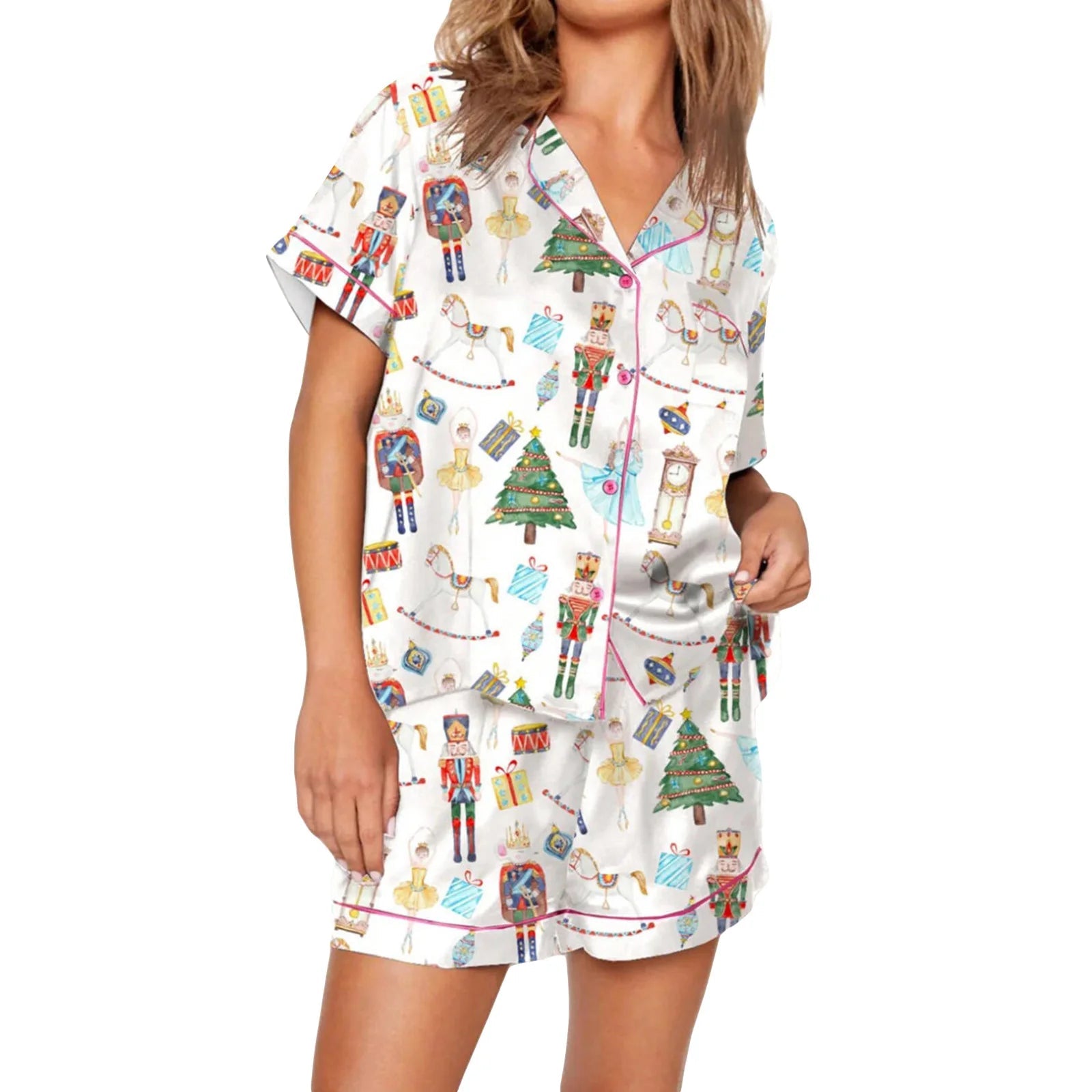 Nutcracker Pajamas Women Christmas Pajama Set Short Sleeve Tops+Elastic Waist Shorts Santa Claus Avatar Print Sleepwear Outfits - MAGUSTA BEAUTY
