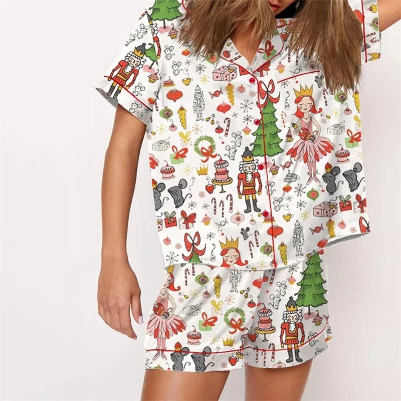 Nutcracker Pajamas Women Christmas Pajama Set Short Sleeve Tops+Elastic Waist Shorts Santa Claus Avatar Print Sleepwear Outfits - MAGUSTA BEAUTY