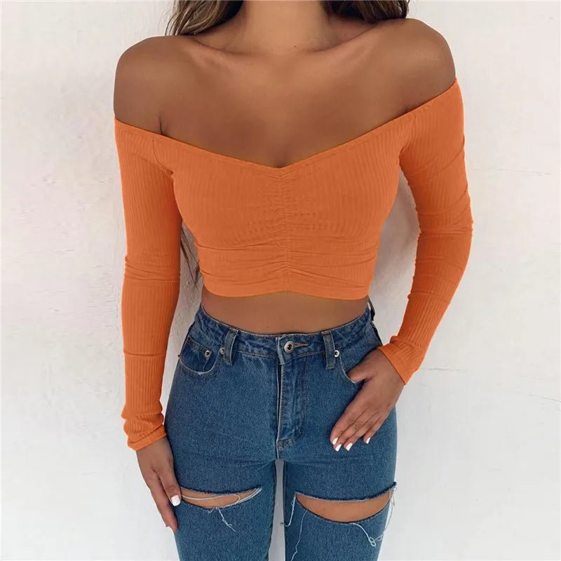 Off Shoulder Crop Top Women Summer Long Sleeve T Shirt V Neck tshirt Elegant Party Club Tee Shirt Femme Dames Streetwear - MAGUSTA BEAUTY