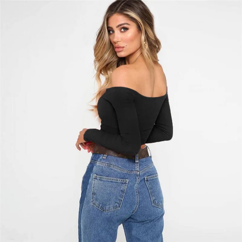 Off Shoulder Crop Top Women Summer Long Sleeve T Shirt V Neck tshirt Elegant Party Club Tee Shirt Femme Dames Streetwear - MAGUSTA BEAUTY