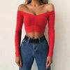 Off Shoulder Crop Top Women Summer Long Sleeve T Shirt V Neck tshirt Elegant Party Club Tee Shirt Femme Dames Streetwear - MAGUSTA BEAUTY