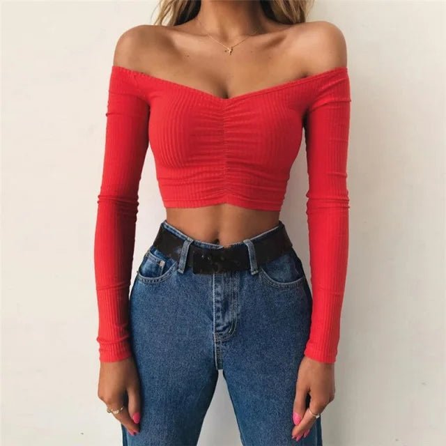 Off Shoulder Crop Top Women Summer Long Sleeve T Shirt V Neck tshirt Elegant Party Club Tee Shirt Femme Dames Streetwear - MAGUSTA BEAUTY
