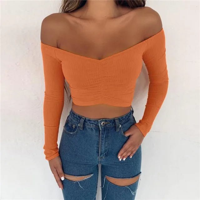 Off Shoulder Crop Top Women Summer Long Sleeve T Shirt V Neck tshirt Elegant Party Club Tee Shirt Femme Dames Streetwear - MAGUSTA BEAUTY