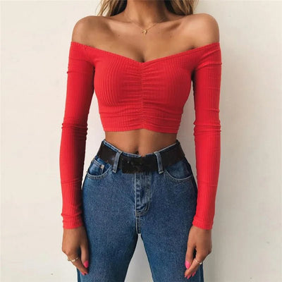 Off Shoulder Crop Top Women Summer Long Sleeve T Shirt V Neck tshirt Elegant Party Club Tee Shirt Femme Dames Streetwear - MAGUSTA BEAUTY