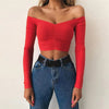 Off Shoulder Crop Top Women Summer Long Sleeve T Shirt V Neck tshirt Elegant Party Club Tee Shirt Femme Dames Streetwear - MAGUSTA BEAUTY