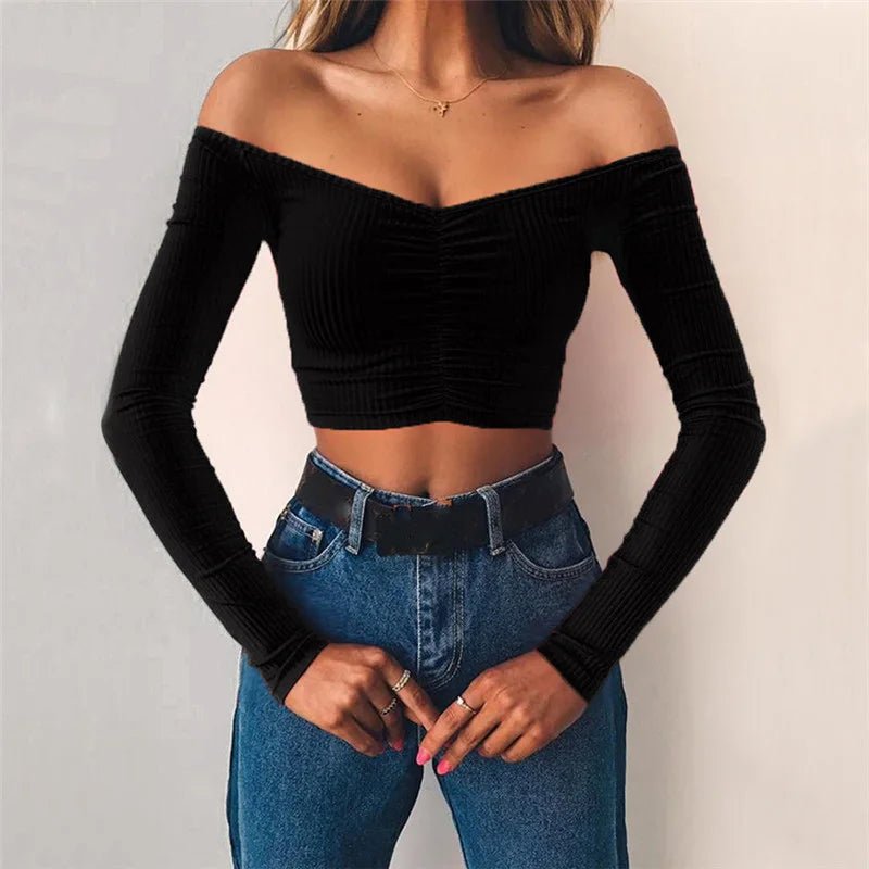 Off Shoulder Crop Top Women Summer Long Sleeve T Shirt V Neck tshirt Elegant Party Club Tee Shirt Femme Dames Streetwear - MAGUSTA BEAUTY