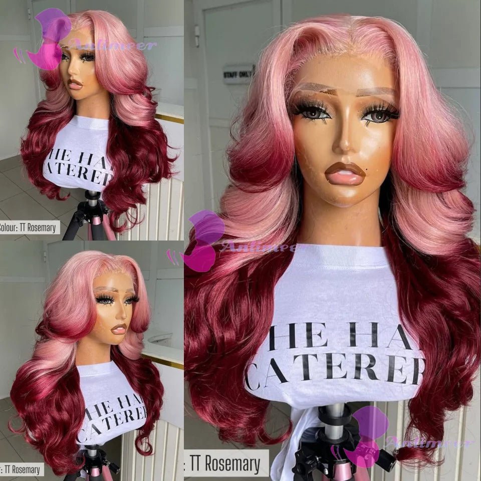 Ombre Pink Rosemary Colored Human Hair Body Wavy Glueless 13x4 Lace Front Wigs 613 Made Pre Plucked 180% Density Full Lace Wigs - MAGUSTA BEAUTY