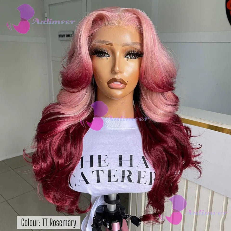 Ombre Pink Rosemary Colored Human Hair Body Wavy Glueless 13x4 Lace Front Wigs 613 Made Pre Plucked 180% Density Full Lace Wigs - MAGUSTA BEAUTY