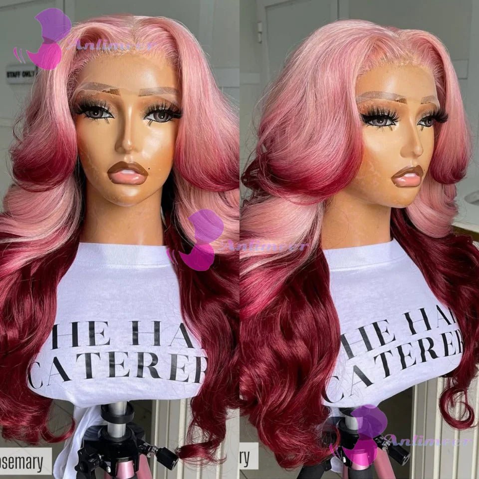 Ombre Pink Rosemary Colored Human Hair Body Wavy Glueless 13x4 Lace Front Wigs 613 Made Pre Plucked 180% Density Full Lace Wigs - MAGUSTA BEAUTY