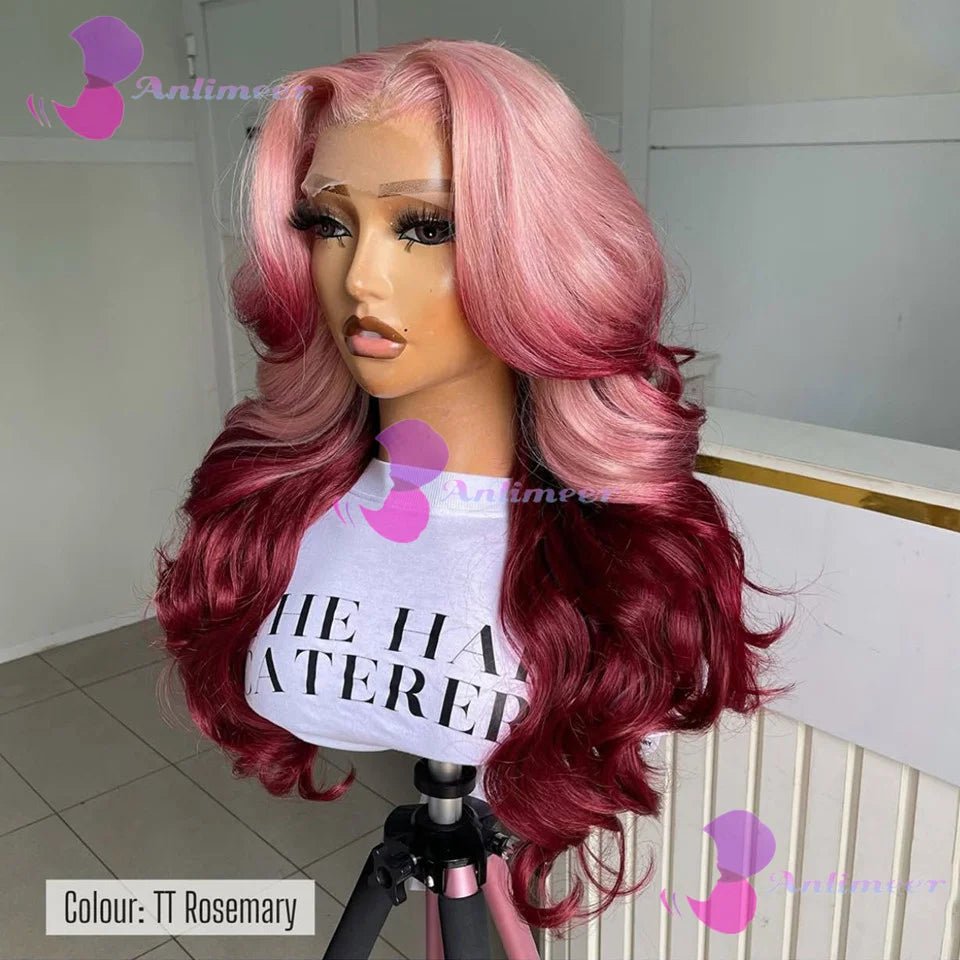 Ombre Pink Rosemary Colored Human Hair Body Wavy Glueless 13x4 Lace Front Wigs 613 Made Pre Plucked 180% Density Full Lace Wigs - MAGUSTA BEAUTY