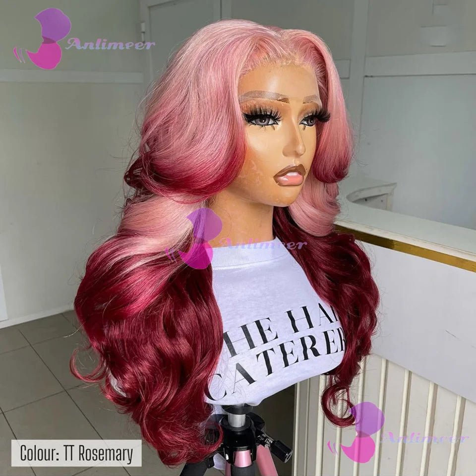 Ombre Pink Rosemary Colored Human Hair Body Wavy Glueless 13x4 Lace Front Wigs 613 Made Pre Plucked 180% Density Full Lace Wigs - MAGUSTA BEAUTY
