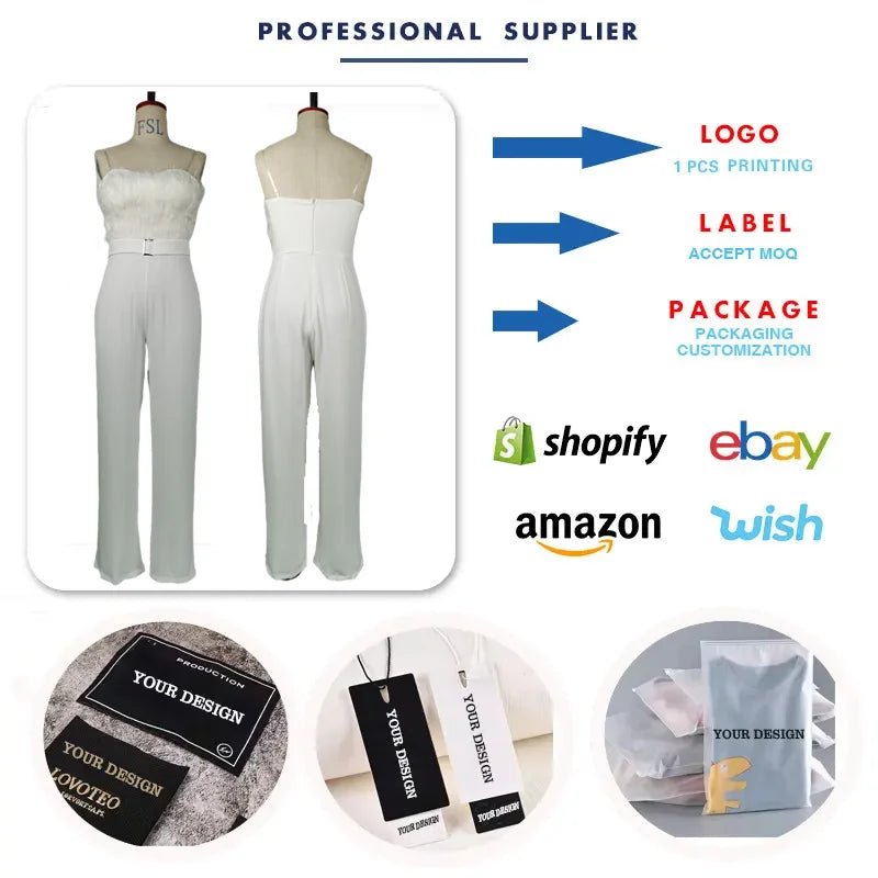 OSM036 Trendy Spring and Summer Jumpsuit Women Feather Bra Sexy White Girls Jumpsuits Elegant Casual Jumpsuits With Belt - MAGUSTA BEAUTY