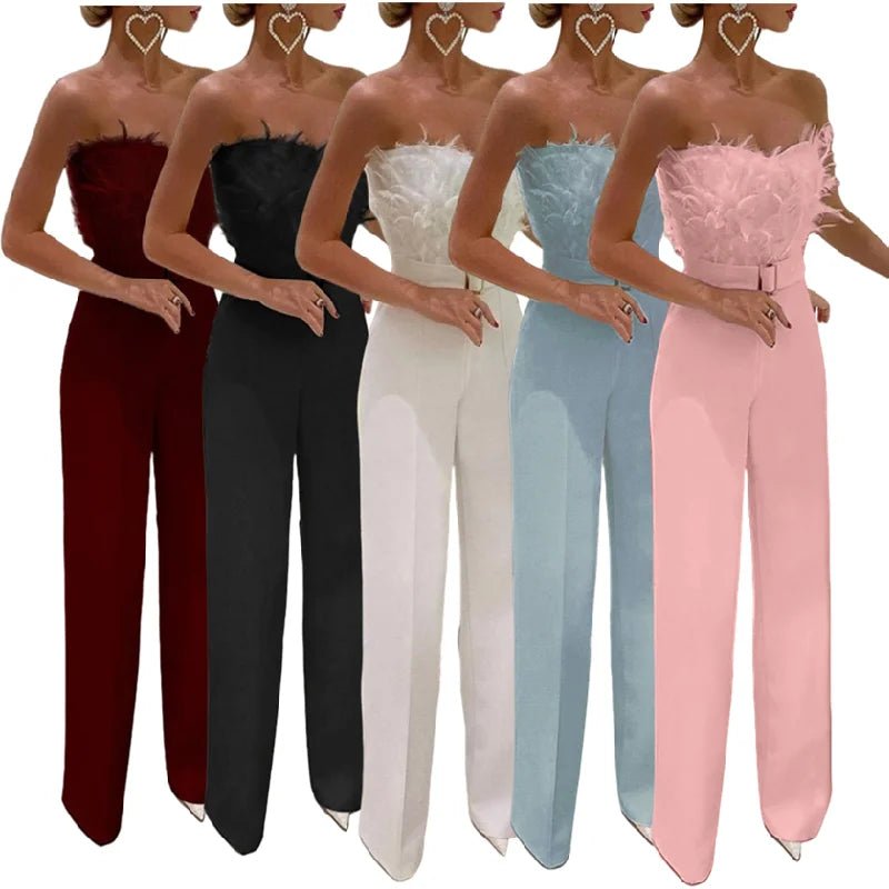 OSM036 Trendy Spring and Summer Jumpsuit Women Feather Bra Sexy White Girls Jumpsuits Elegant Casual Jumpsuits With Belt - MAGUSTA BEAUTY
