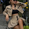 Oymimi Fashion Black Patchwork Two Piece Set For Women Casual Long Sleeve Button Pockets Crop Shirts + High Waist Mini Skirt Set - MAGUSTA BEAUTY