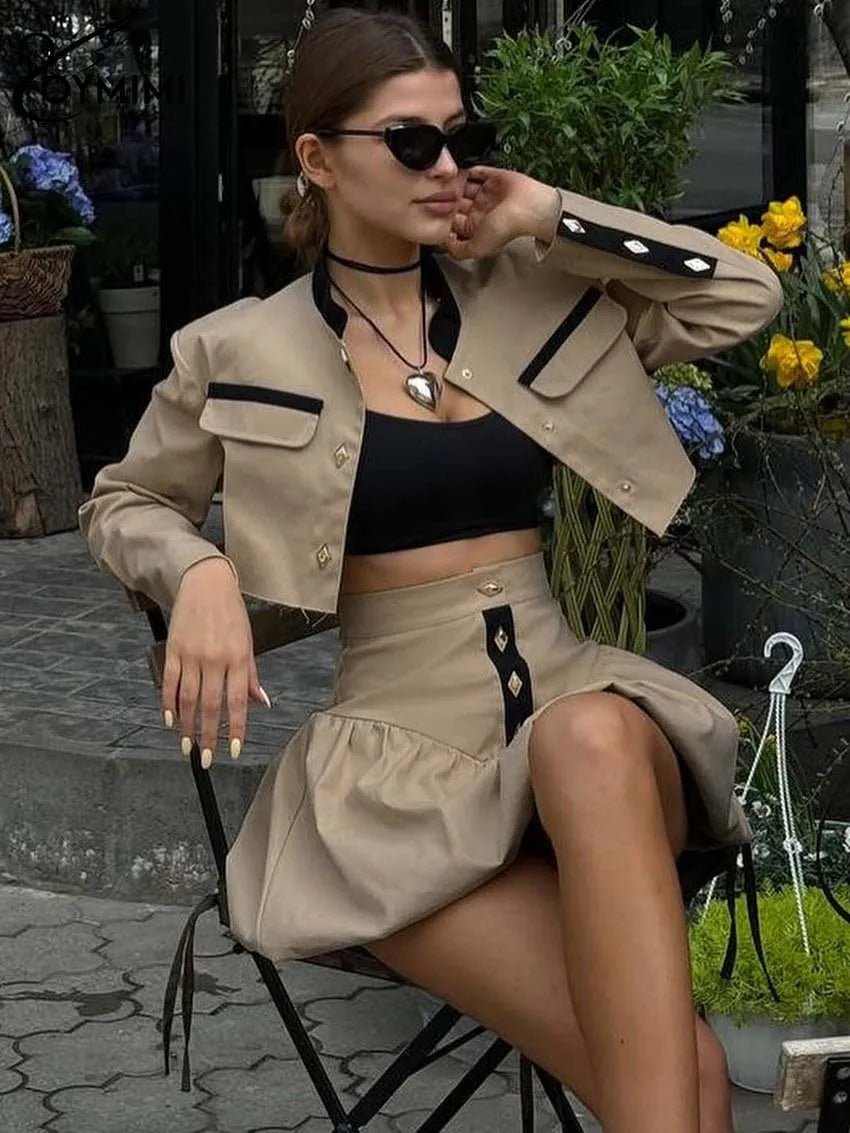 Oymimi Fashion Black Patchwork Two Piece Set For Women Casual Long Sleeve Button Pockets Crop Shirts + High Waist Mini Skirt Set - MAGUSTA BEAUTY