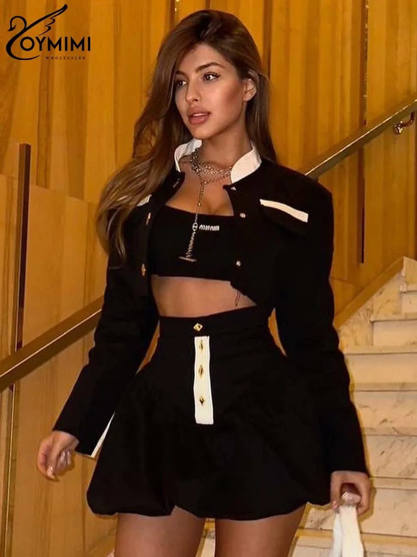 Oymimi Fashion Black Patchwork Two Piece Set For Women Casual Long Sleeve Button Pockets Crop Shirts + High Waist Mini Skirt Set - MAGUSTA BEAUTY
