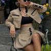 Oymimi Fashion Black Patchwork Two Piece Set For Women Casual Long Sleeve Button Pockets Crop Shirts + High Waist Mini Skirt Set - MAGUSTA BEAUTY