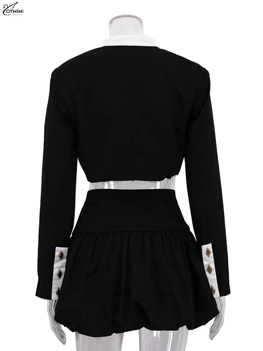 Oymimi Fashion Black Patchwork Two Piece Set For Women Casual Long Sleeve Button Pockets Crop Shirts + High Waist Mini Skirt Set - MAGUSTA BEAUTY
