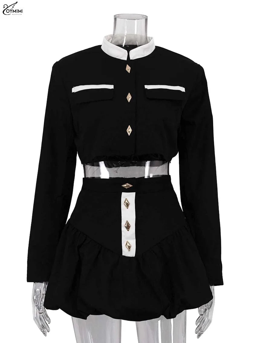 Oymimi Fashion Black Patchwork Two Piece Set For Women Casual Long Sleeve Button Pockets Crop Shirts + High Waist Mini Skirt Set - MAGUSTA BEAUTY