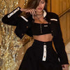 Oymimi Fashion Black Patchwork Two Piece Set For Women Casual Long Sleeve Button Pockets Crop Shirts + High Waist Mini Skirt Set - MAGUSTA BEAUTY