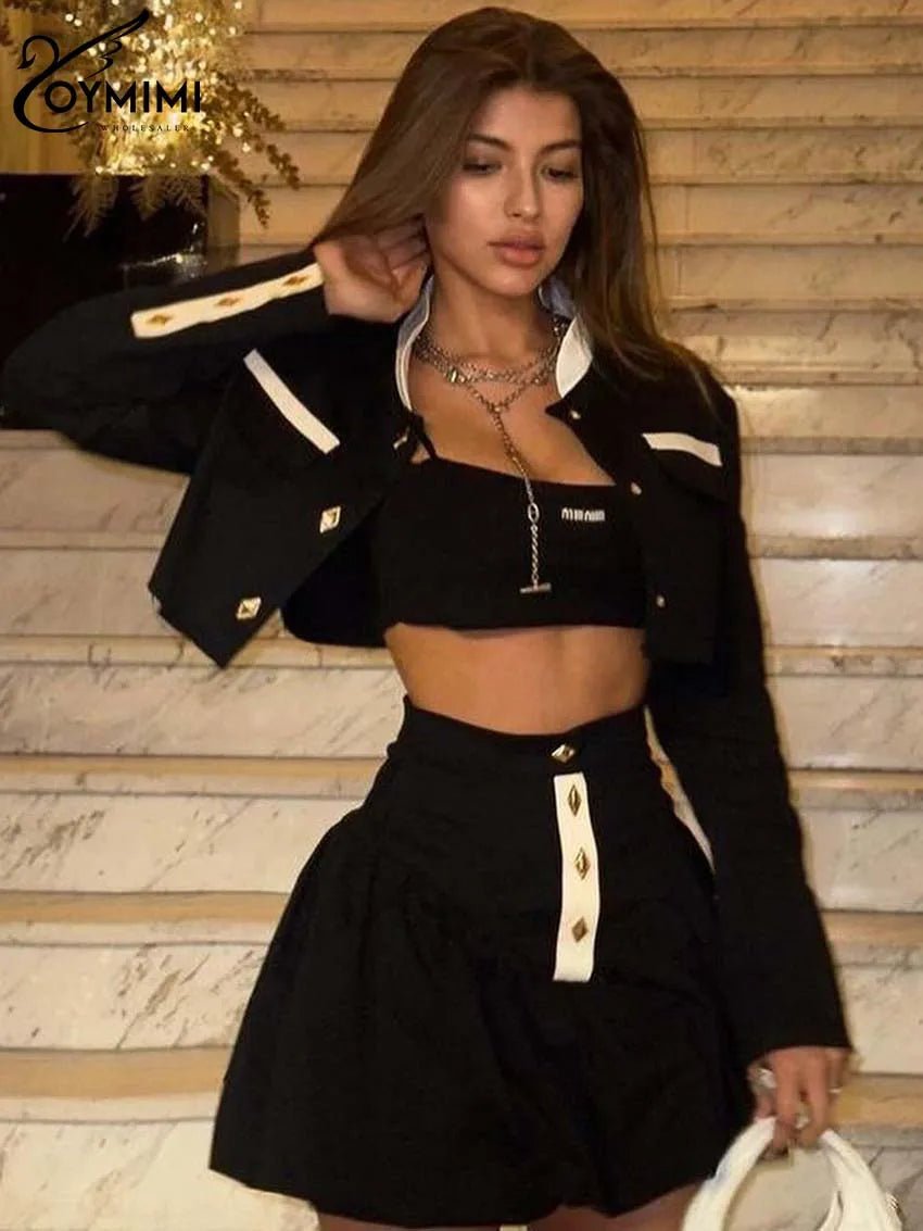 Oymimi Fashion Black Patchwork Two Piece Set For Women Casual Long Sleeve Button Pockets Crop Shirts + High Waist Mini Skirt Set - MAGUSTA BEAUTY