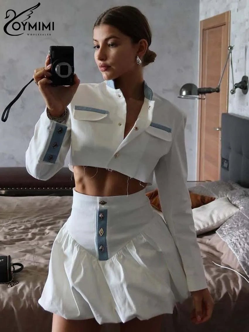Oymimi Fashion Black Patchwork Two Piece Set For Women Casual Long Sleeve Button Pockets Crop Shirts + High Waist Mini Skirt Set - MAGUSTA BEAUTY