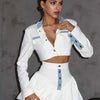 Oymimi Fashion Black Patchwork Two Piece Set For Women Casual Long Sleeve Button Pockets Crop Shirts + High Waist Mini Skirt Set - MAGUSTA BEAUTY