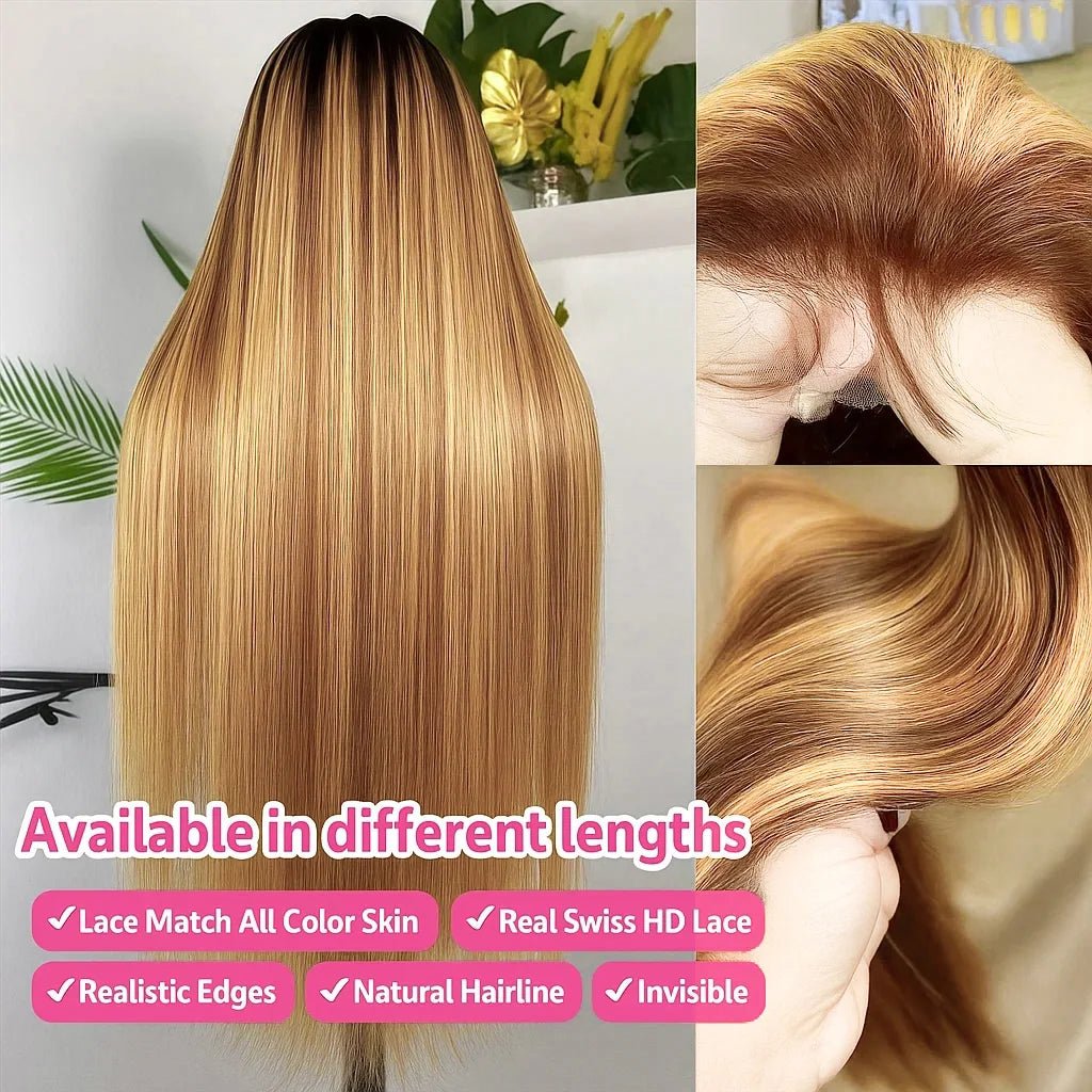P4/27 Highlight Bone Straight 13x4 HD Lace Frontal Wigs Human Hair Brazilian Ombre Honey Blonde Colored Human Hair Wig For Women - MAGUSTA BEAUTY
