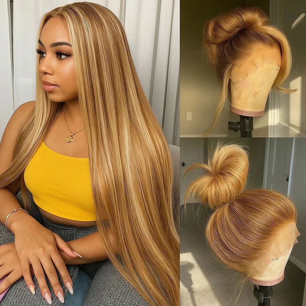 P4/27 Highlight Bone Straight 13x4 HD Lace Frontal Wigs Human Hair Brazilian Ombre Honey Blonde Colored Human Hair Wig For Women - MAGUSTA BEAUTY