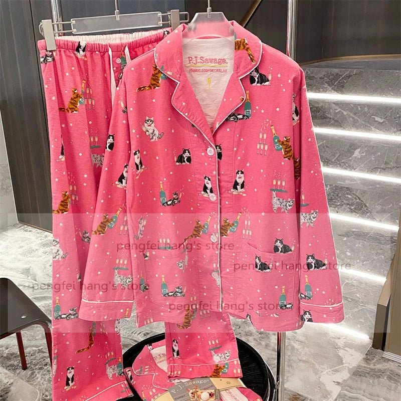 Pink Cartoon Print Pajamas Set Women Soft Sleepwear Cotton Shirt Pant Long Sleeve Autumn Home Clothing Christmas Party Gift - MAGUSTA BEAUTY