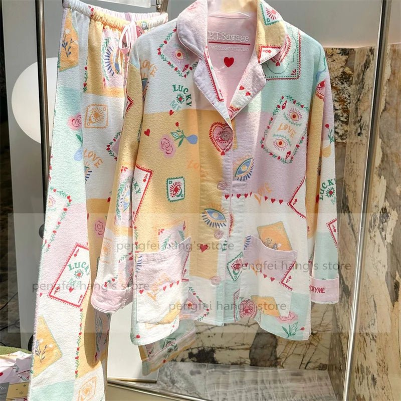 Pink Cartoon Print Pajamas Set Women Soft Sleepwear Cotton Shirt Pant Long Sleeve Autumn Home Clothing Christmas Party Gift - MAGUSTA BEAUTY