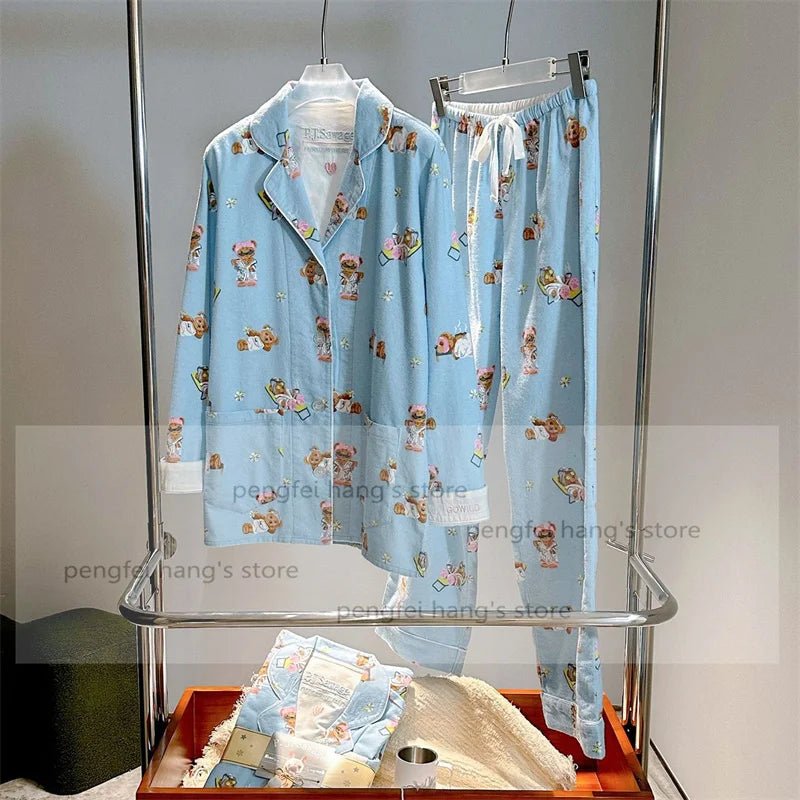 Pink Cartoon Print Pajamas Set Women Soft Sleepwear Cotton Shirt Pant Long Sleeve Autumn Home Clothing Christmas Party Gift - MAGUSTA BEAUTY