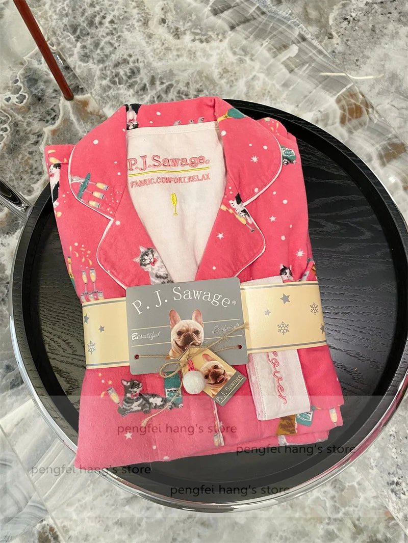 Pink Cartoon Print Pajamas Set Women Soft Sleepwear Cotton Shirt Pant Long Sleeve Autumn Home Clothing Christmas Party Gift - MAGUSTA BEAUTY