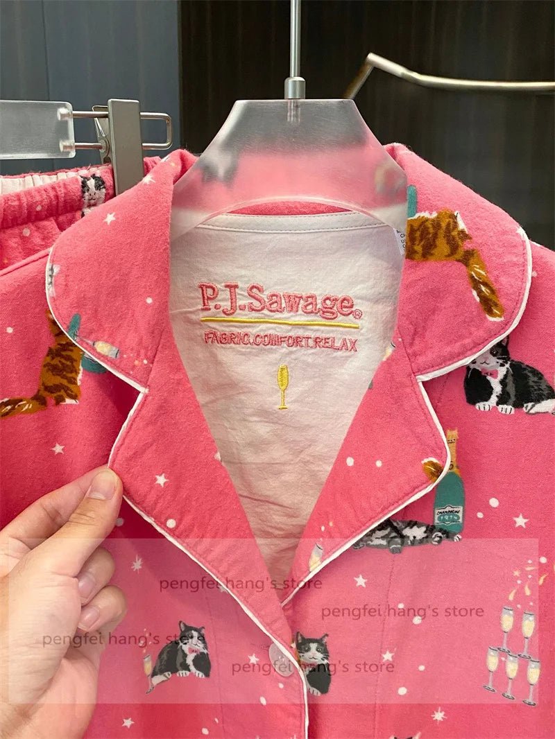 Pink Cartoon Print Pajamas Set Women Soft Sleepwear Cotton Shirt Pant Long Sleeve Autumn Home Clothing Christmas Party Gift - MAGUSTA BEAUTY