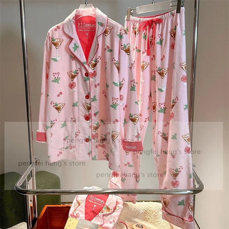 Pink Cartoon Print Pajamas Set Women Soft Sleepwear Cotton Shirt Pant Long Sleeve Autumn Home Clothing Christmas Party Gift - MAGUSTA BEAUTY