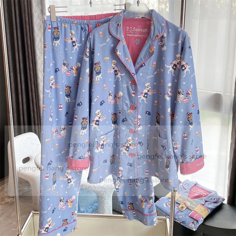 Pink Cartoon Print Pajamas Set Women Soft Sleepwear Cotton Shirt Pant Long Sleeve Autumn Home Clothing Christmas Party Gift - MAGUSTA BEAUTY