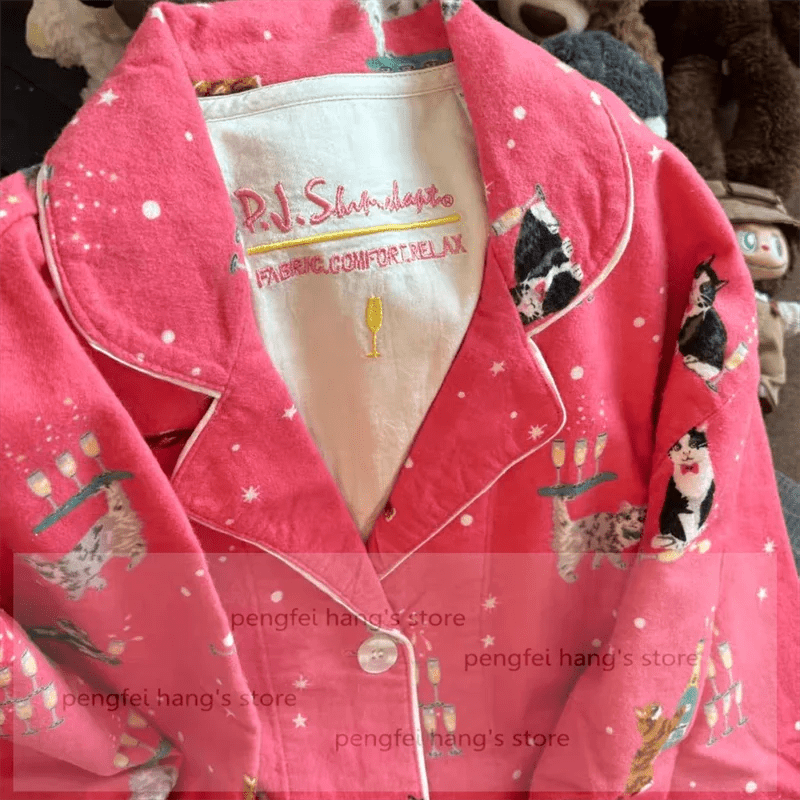 Pink Cartoon Print Pajamas Set Women Soft Sleepwear Cotton Shirt Pant Long Sleeve Autumn Home Clothing Christmas Party Gift - MAGUSTA BEAUTY
