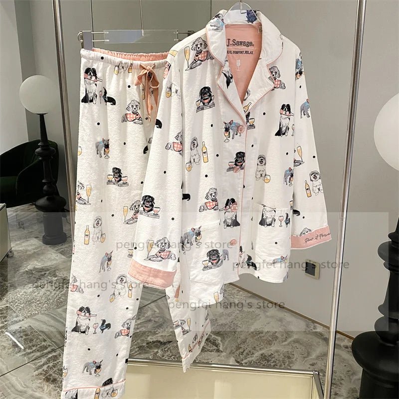 Pink Cartoon Print Pajamas Set Women Soft Sleepwear Cotton Shirt Pant Long Sleeve Autumn Home Clothing Christmas Party Gift - MAGUSTA BEAUTY