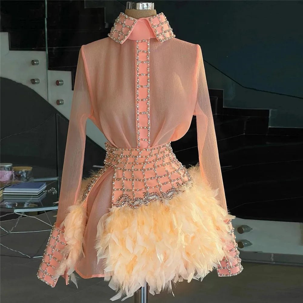 Pink Cocktail Dresses A - line Long Sleeves Short Mini Tulle Feather Beaded Homecoming Dresses Haute Couture Customized - MAGUSTA BEAUTY
