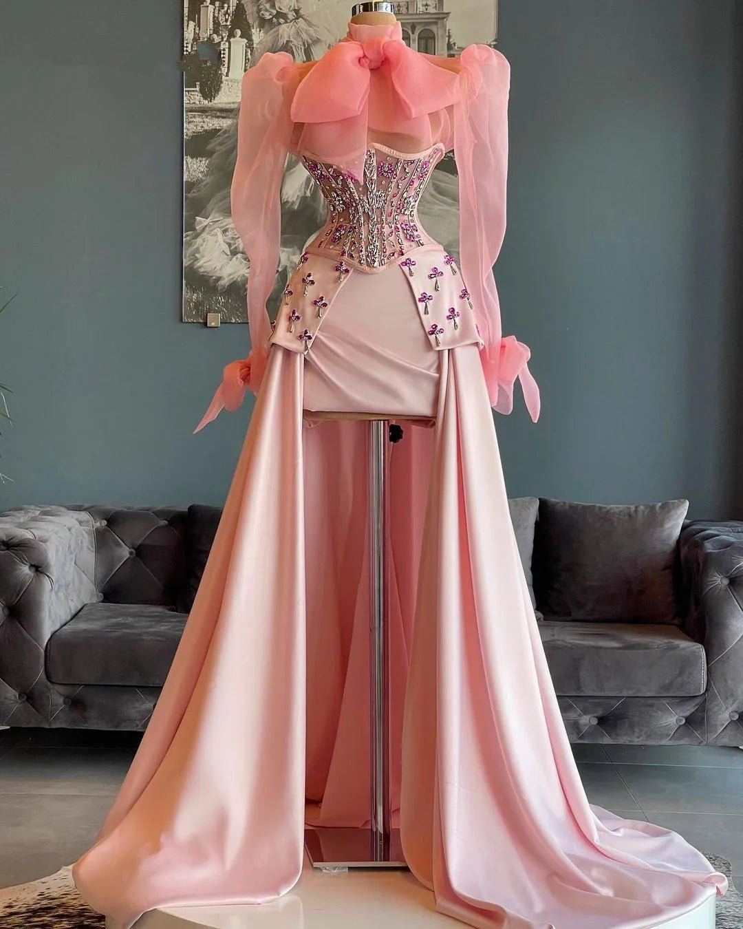 Pink Prom Dresses A - line Long Sleeves Tulle Beaded Long Dubai Saudi Arabia Prom Gown Evening Dress Robe De Soiree Customized - MAGUSTA BEAUTY