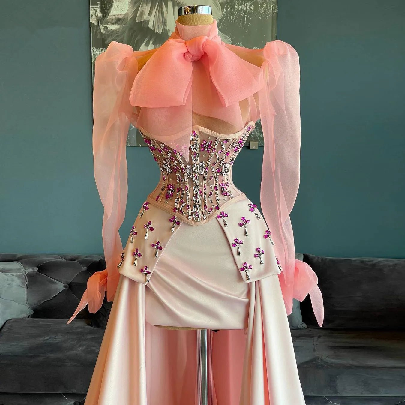 Pink Prom Dresses A - line Long Sleeves Tulle Beaded Long Dubai Saudi Arabia Prom Gown Evening Dress Robe De Soiree Customized - MAGUSTA BEAUTY