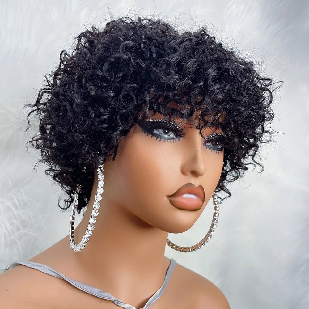 Pixie Cut Human Hair Wigs For Black Women Afro Rose Curly Funmi Glueless Wigs with Bangs Short Bouncy Curly Bob Wig With Bangs - MAGUSTA BEAUTY