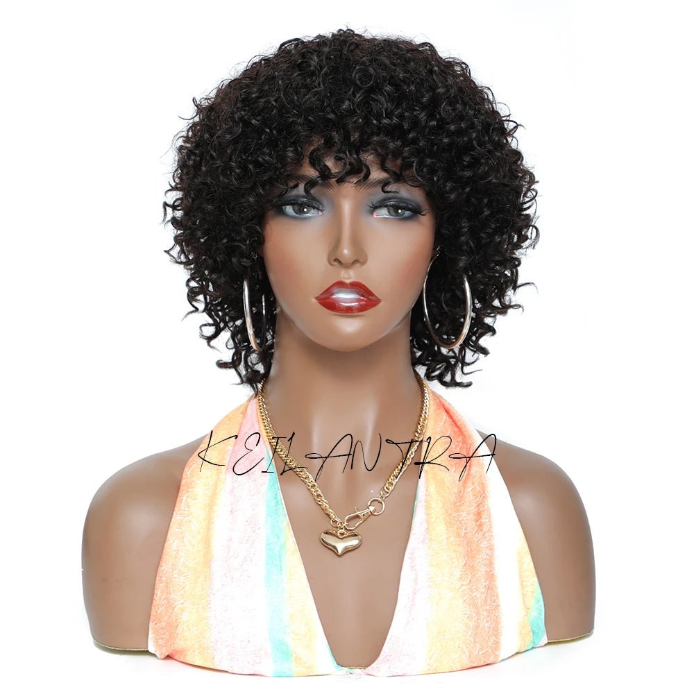 Pixie Cut Human Hair Wigs For Black Women Afro Rose Curly Funmi Glueless Wigs with Bangs Short Bouncy Curly Bob Wig With Bangs - MAGUSTA BEAUTY