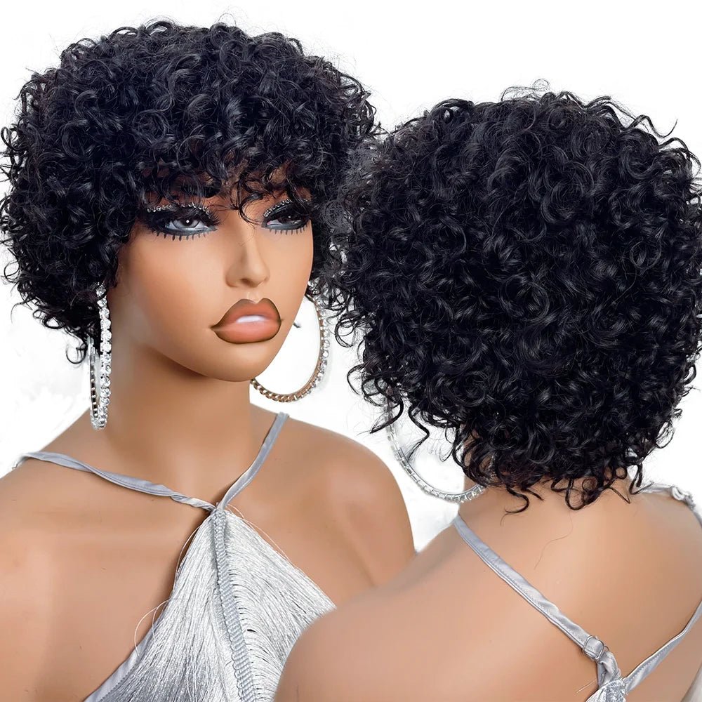 Pixie Cut Human Hair Wigs For Black Women Afro Rose Curly Funmi Glueless Wigs with Bangs Short Bouncy Curly Bob Wig With Bangs - MAGUSTA BEAUTY