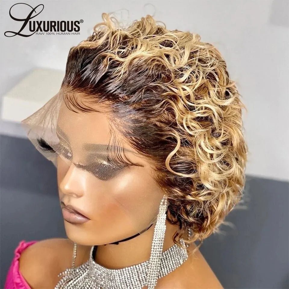 Pixie Cut Wigs Human HaiShort Curly Lace Front Human Hair Wigs For Women Brazilian Water Wave Bob Wig 13x1 Transparent Lace Wigs - MAGUSTA BEAUTY