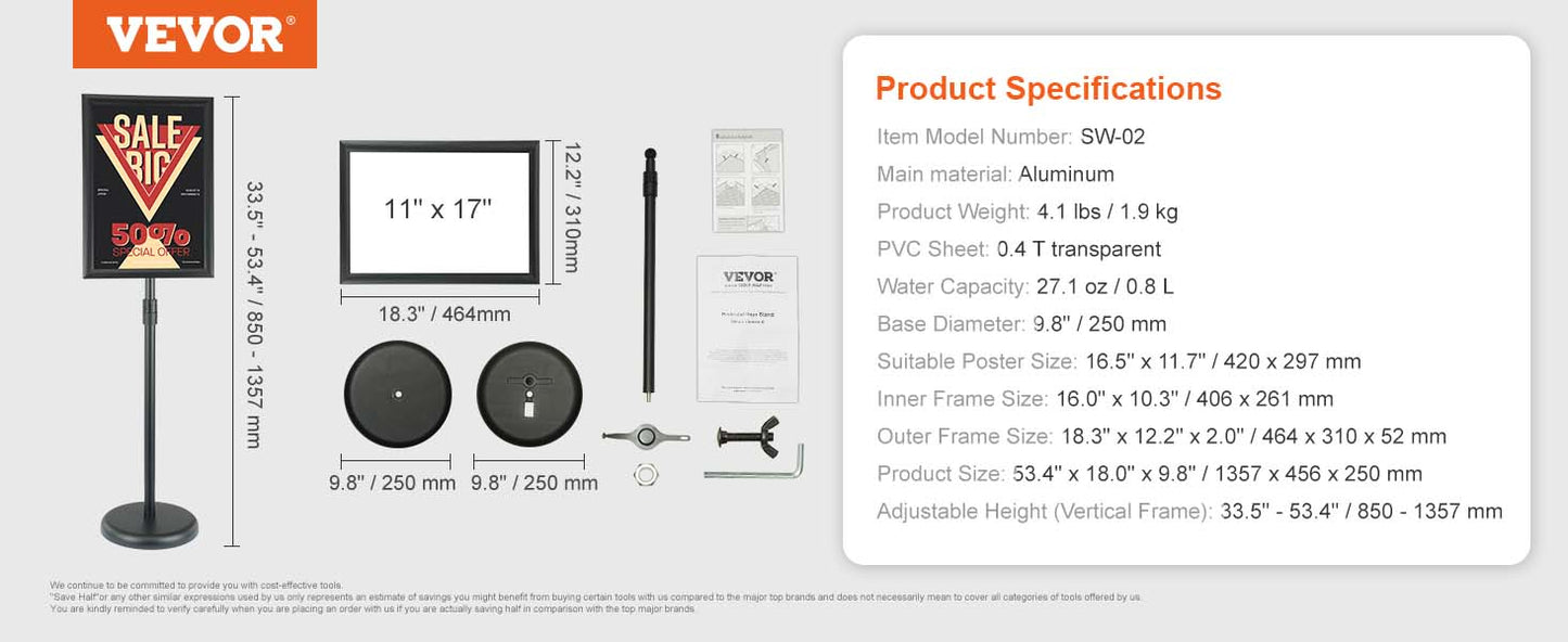 VEVOR Pedestal Sign Holder Vertical & Horizontal Adjustable Heavy-Duty Floor Poster Stand for Display Advertisement and Outdoor