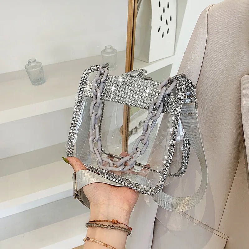 PVC Transparent Shoulder Crossbody Bag Rhinestone Thick Chain Ladies Small Purse and Handbags Fashion Jelly Summer Beach Totes - MAGUSTA BEAUTY