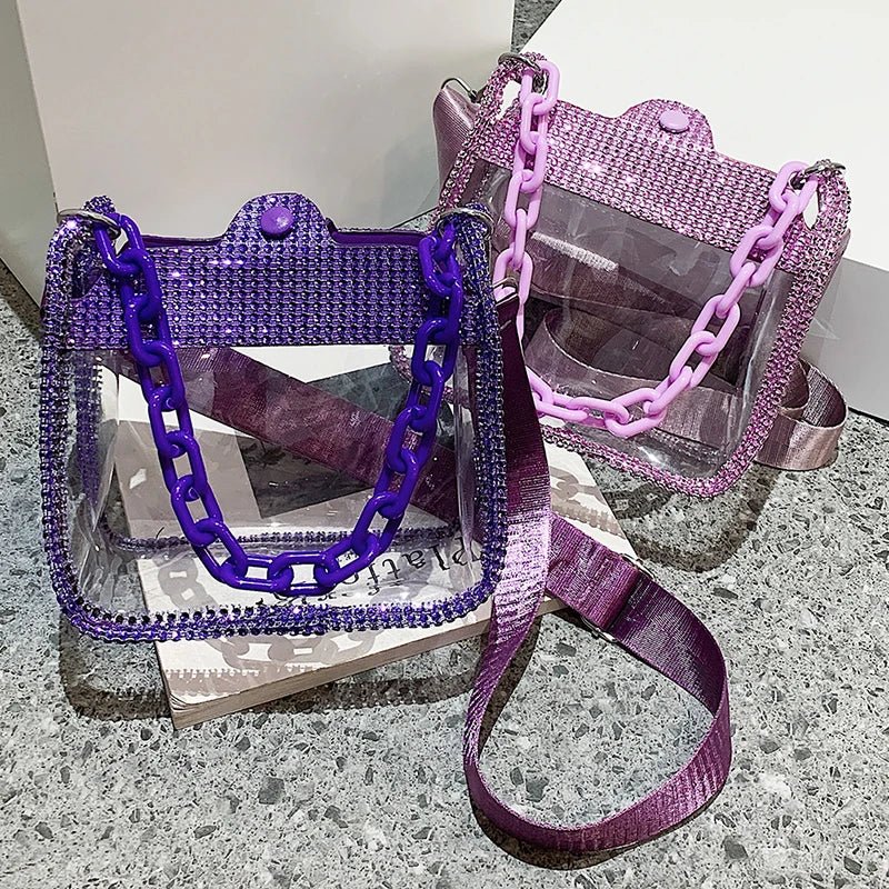 PVC Transparent Shoulder Crossbody Bag Rhinestone Thick Chain Ladies Small Purse and Handbags Fashion Jelly Summer Beach Totes - MAGUSTA BEAUTY