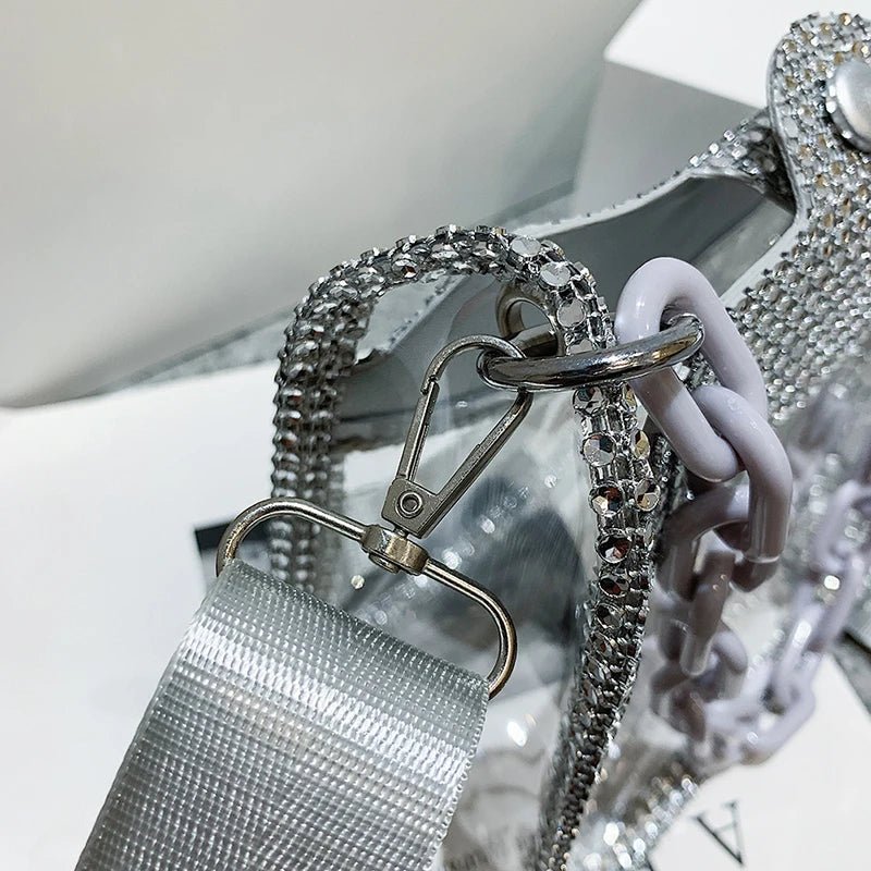 PVC Transparent Shoulder Crossbody Bag Rhinestone Thick Chain Ladies Small Purse and Handbags Fashion Jelly Summer Beach Totes - MAGUSTA BEAUTY